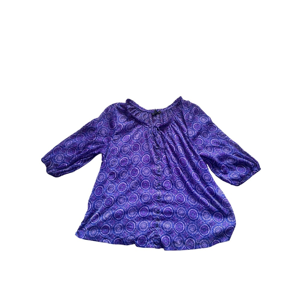 Fashion Bug 2X Purple Sheer Peasant Blouse Boho 3/4 Sleeve Tie Neck Button Front
